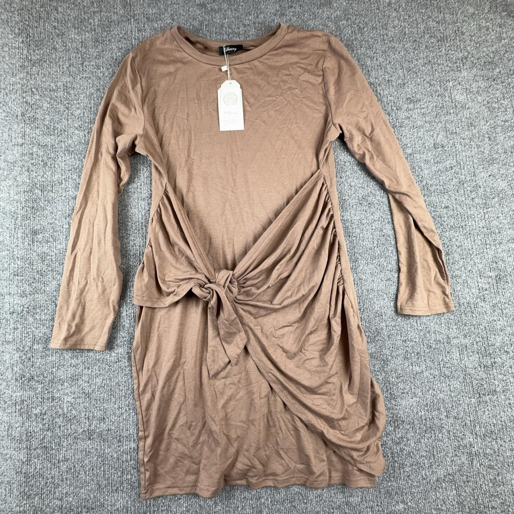Lillusory T-Shirt Dress Womens Large Brown Long Sleeve Tie Front Ruched Casual
